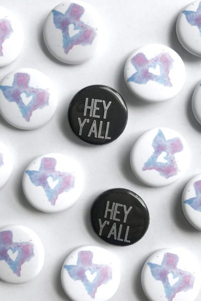 Texas Watercolor Heart & Hey Y'all Button Pins by @Sprittibee